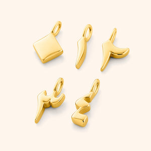 A flat lay of five gold-plated Arabic number charms on a white background, each charm featuring an iridescent pearl backdrop with the numbers 0, 1, 2, 3, and 4 engraved in Arabic numerals.