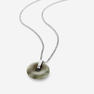 Men's necklace with a labradorite circular stone pendant on a silver chain, detailed with Arabic calligraphy engraved on the silver bail.