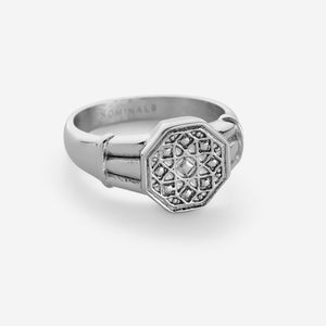 Silver ring for men with design Inspired by vintage men's pieces that lead to a hexagon plate, the Syrian Mosaic Ring features pattern inspired by the Damascus region.