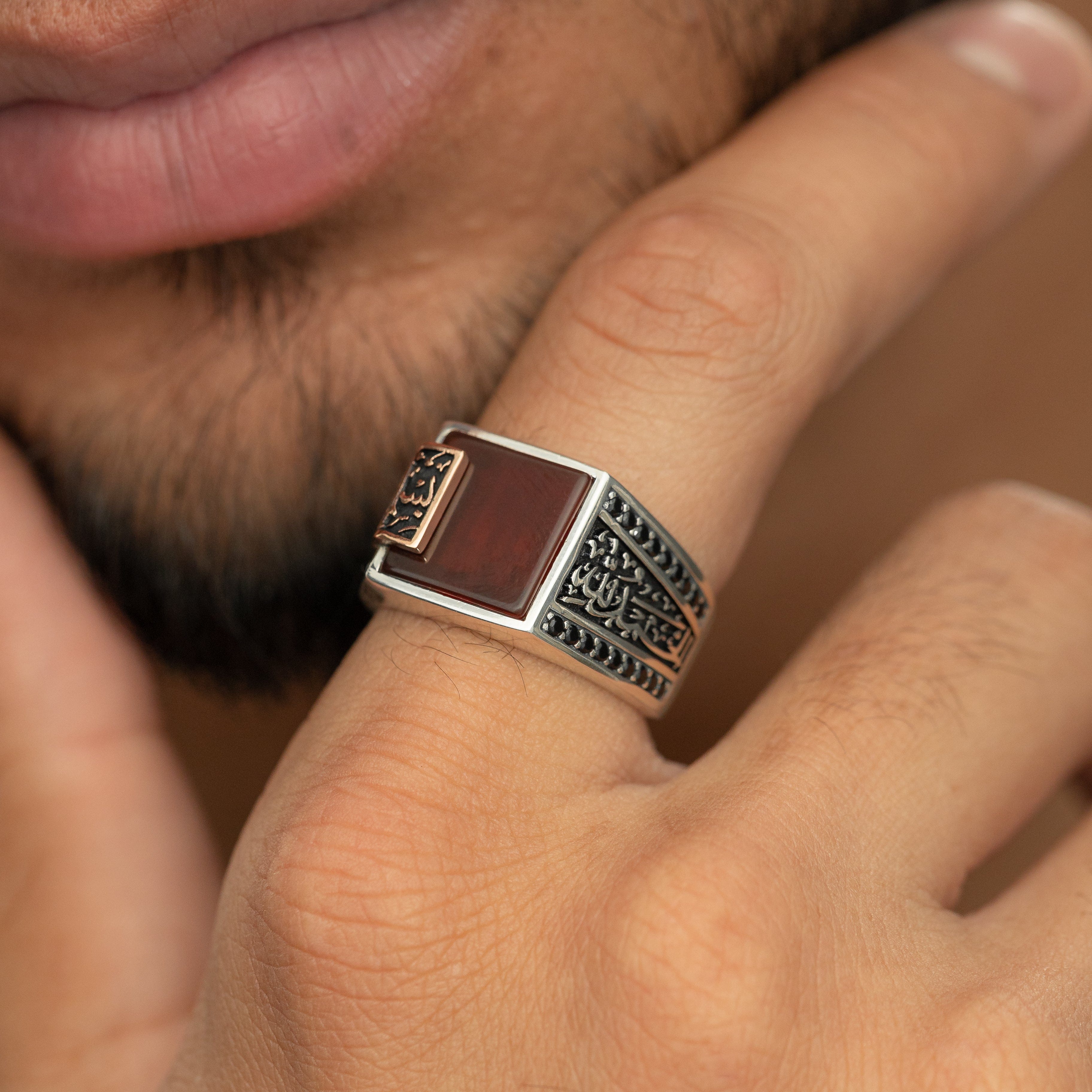 "Bismillah, Alhamdulillah" Red Agate Ring | Men