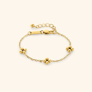 Close-up of a gold henna bracelet with three clusters of small round beads and an adjustable clasp engraved with “NOMINAL.”