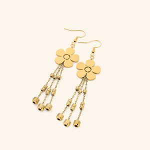 Pair of gold Raining Flower Earrings featuring floral studs with five smooth petals, suspending three dangling chains with textured gold beads.