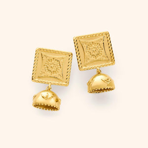 Pair of gold Square Jhumka Earrings featuring engraved square tops with floral star patterns and dangling dome-shaped jhumkas with leaf motifs, displayed on a neutral background.