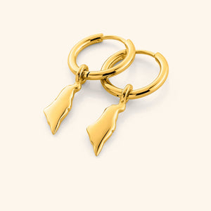 A pair of 18k gold plated Country Map Hoops - Palestine against a light background.