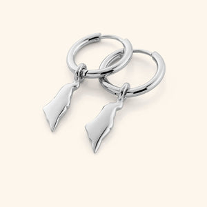 A pair of silver Country Map Hoops - Palestine against a light background.