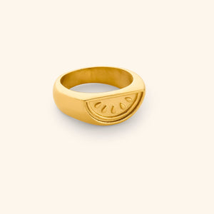 18K gold plated ring featuring a watermelon slice design to the face of this signet ring.