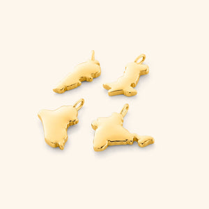 A close-up image showing four gold-plated country map charms arranged side by side on a neutral background, each charm displaying detailed and distinct geographic outlines.
