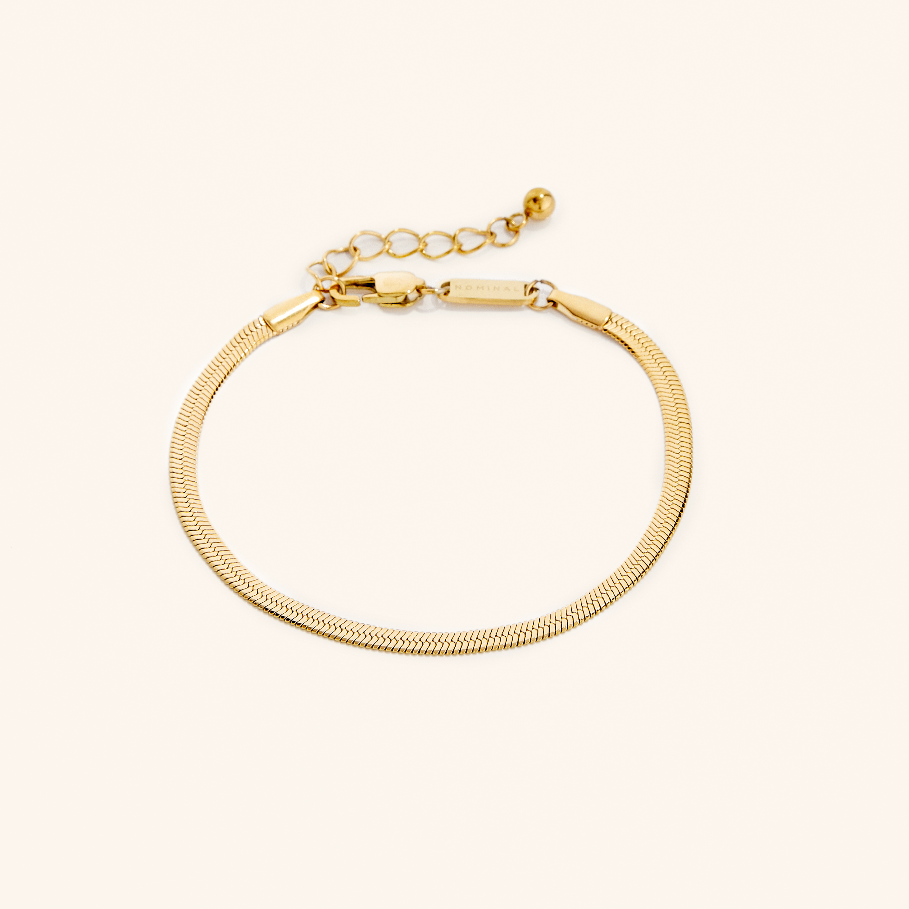 Photo of the 18k gold plated bracelet that features interlocked slanted links in a style that dates back to Ancient Egypt.