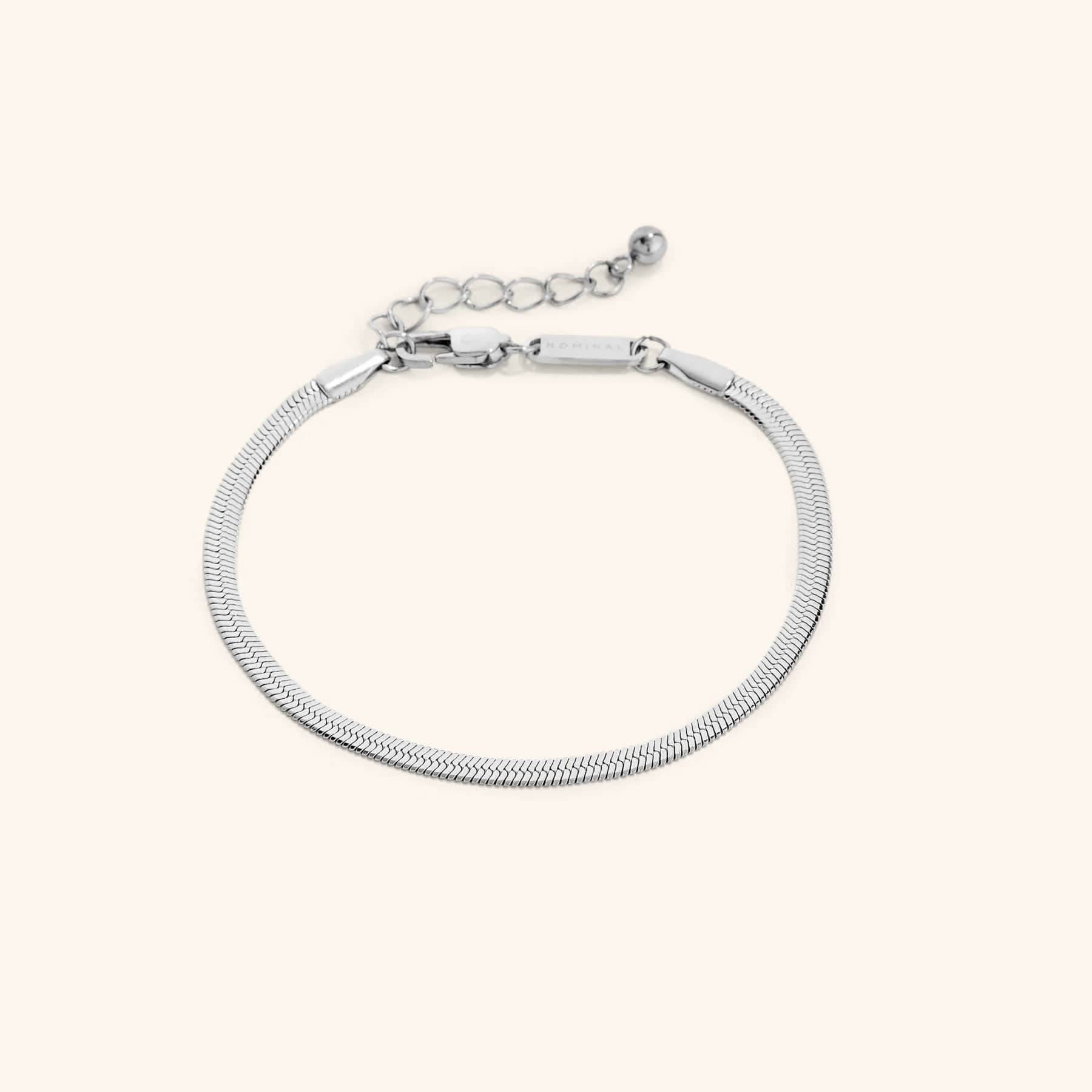 Photo of the silver bracelet that features interlocked slanted links in a style that dates back to Ancient Egypt.