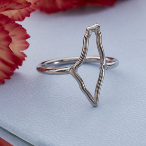 A close-up of the Palestine Ring in silver, uniquely shaped to outline the map of Palestine as the top of the ring, creating a bold and meaningful silhouette.