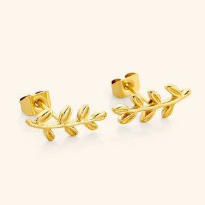 A close-up of the Olive Leaf Earrings in 18K gold plating. The earrings feature delicate olive leaf designs, symbolizing resilience and connection, suspended from hypoallergenic stainless steel posts.