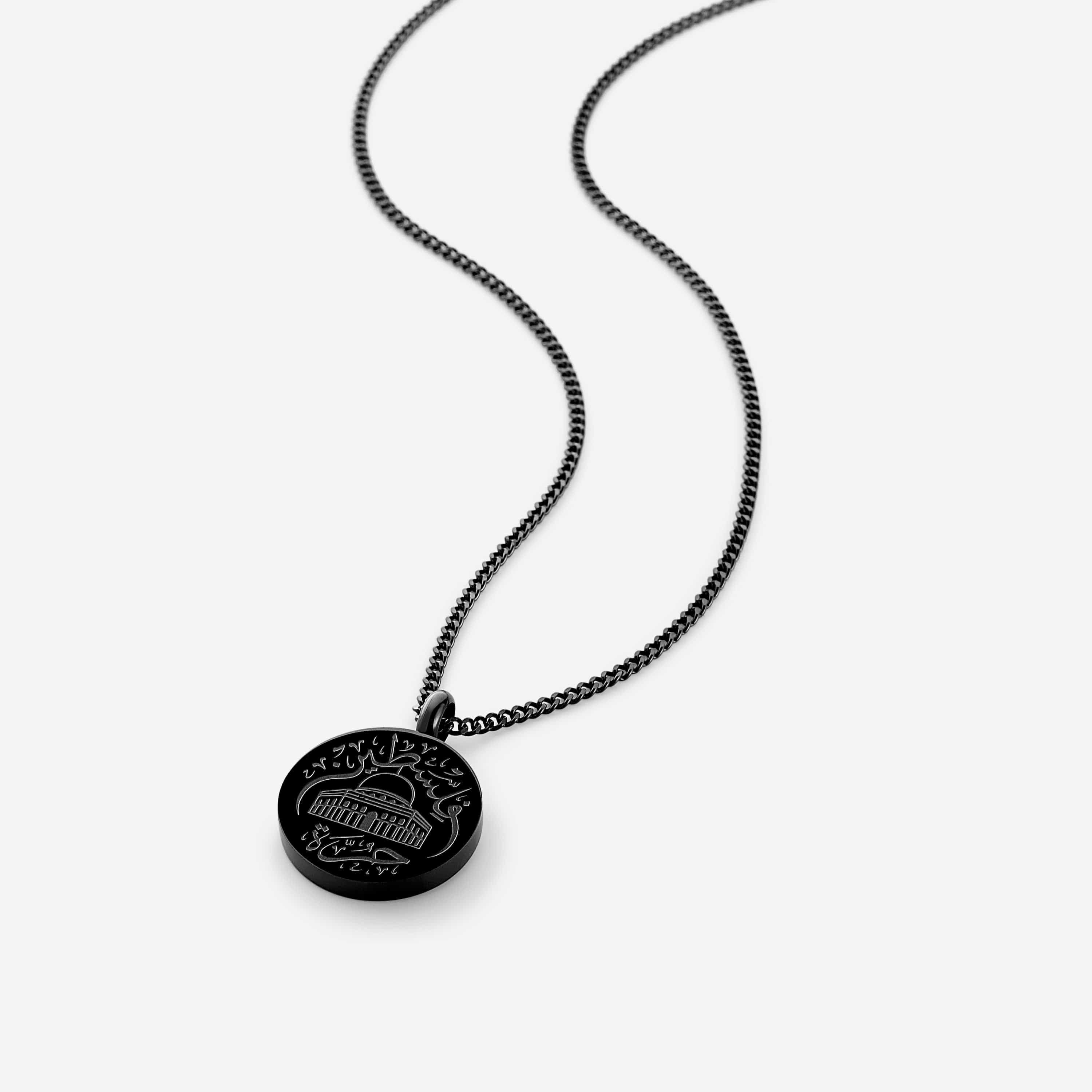 Black Al-Aqsa ‘Free Palestine’ Necklace on a white background.