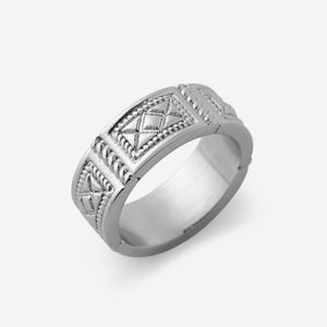 Damascus Tile Ring for men in silver with embossed tile patterns.