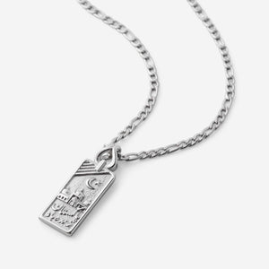 Pakistan Zindabad Necklace in silver with a rectangular pendant engraved with a crescent moon, star, mosque silhouette, and Urdu text.