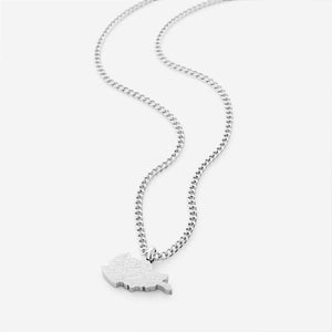 Silver necklace with an afghanistan map-shaped pendant with arabic calligraphy engraved, shot on a white background