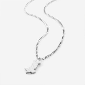 Silver necklace with a pakistan map-shaped pendant with arabic calligraphy engraved, shot on a white background