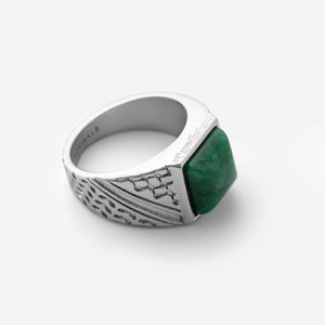 Silver ‘River to Sea’ Onyx Ring | Men featuring a square green onyx stone with engraved patterns along the band.