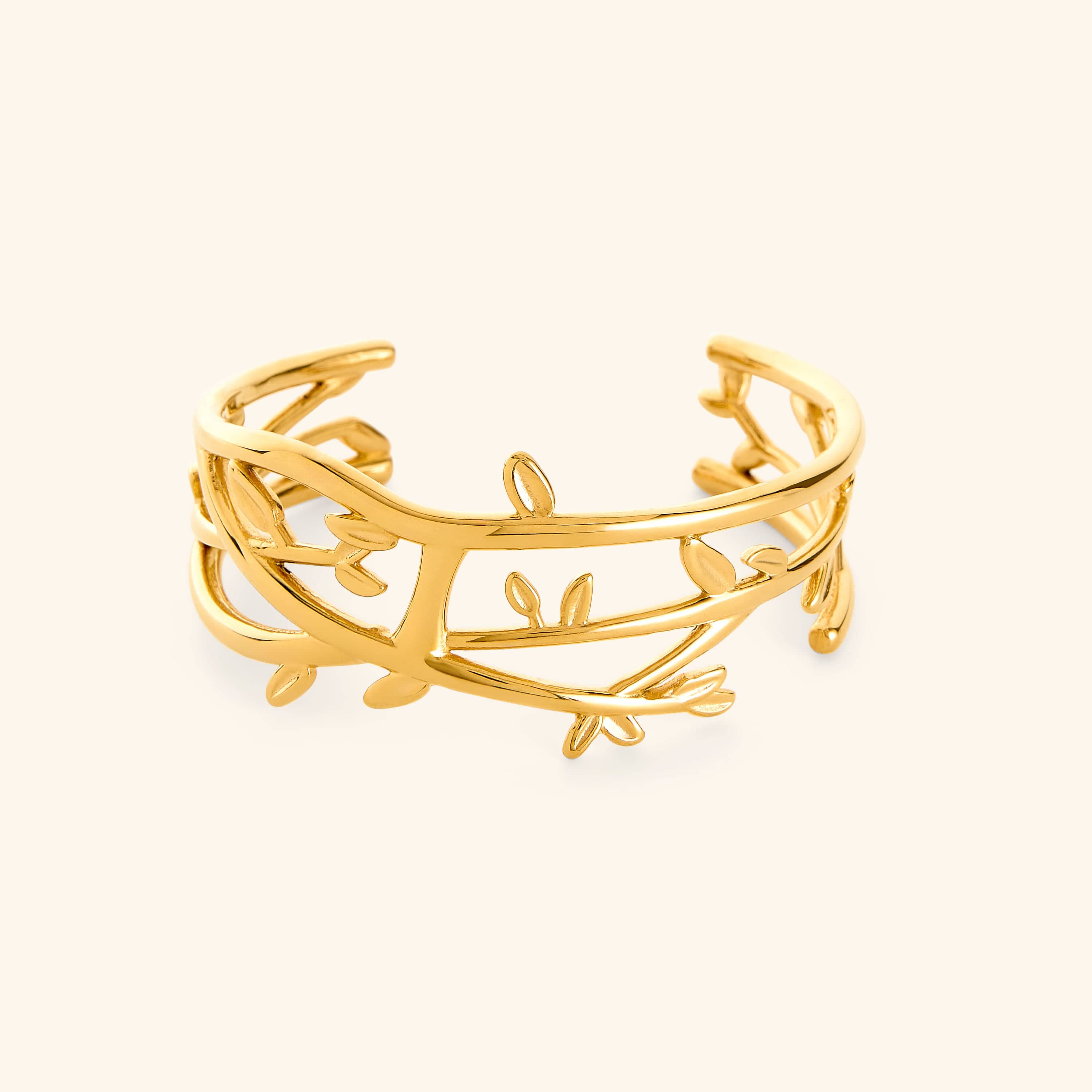 Gold Imperfect Olive Branch Cuff on a light background