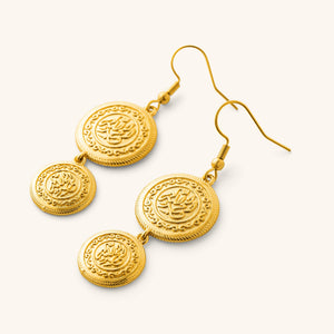 A pair of 18k gold plated earrings that features feature Arabic calligraphy embossed into the coins.