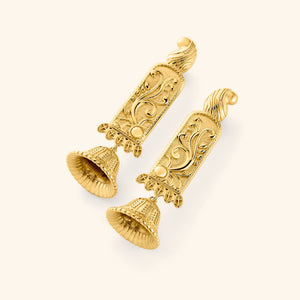 A pair of 18k Gold plated statement jhumkas with paisley-adorned bodies carved in floral detail, each one finished with a ridged dome beneath. 
