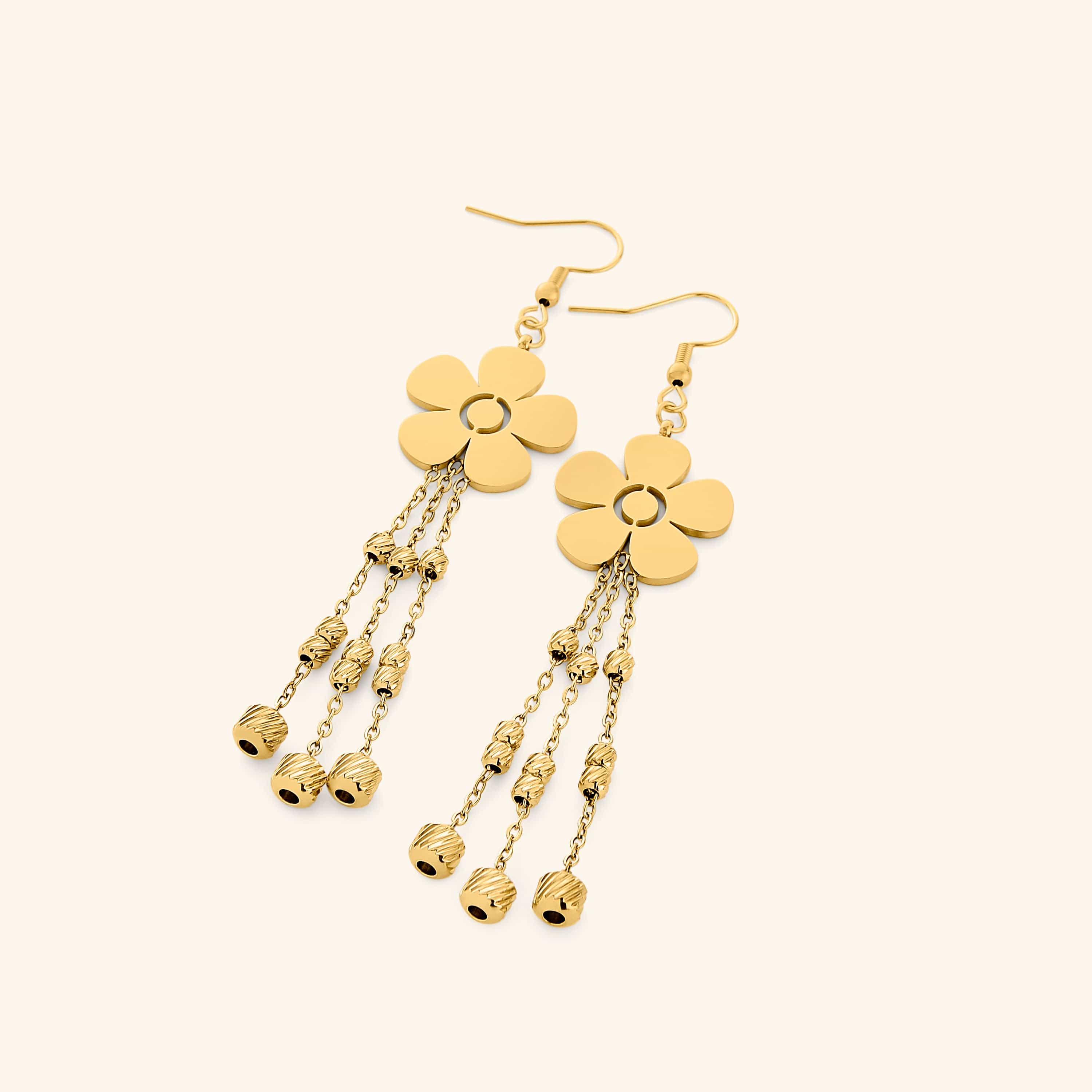 Pair of gold Raining Flower Earrings featuring floral studs with five smooth petals, suspending three dangling chains with textured gold beads.