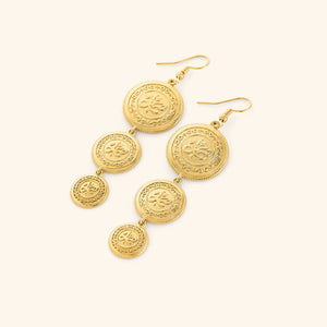A pair of tri-coin 18k gold plated earrings  embossed with Arabic calligraphy "Sabr". The coins drape from each other with a gold double-chain.
