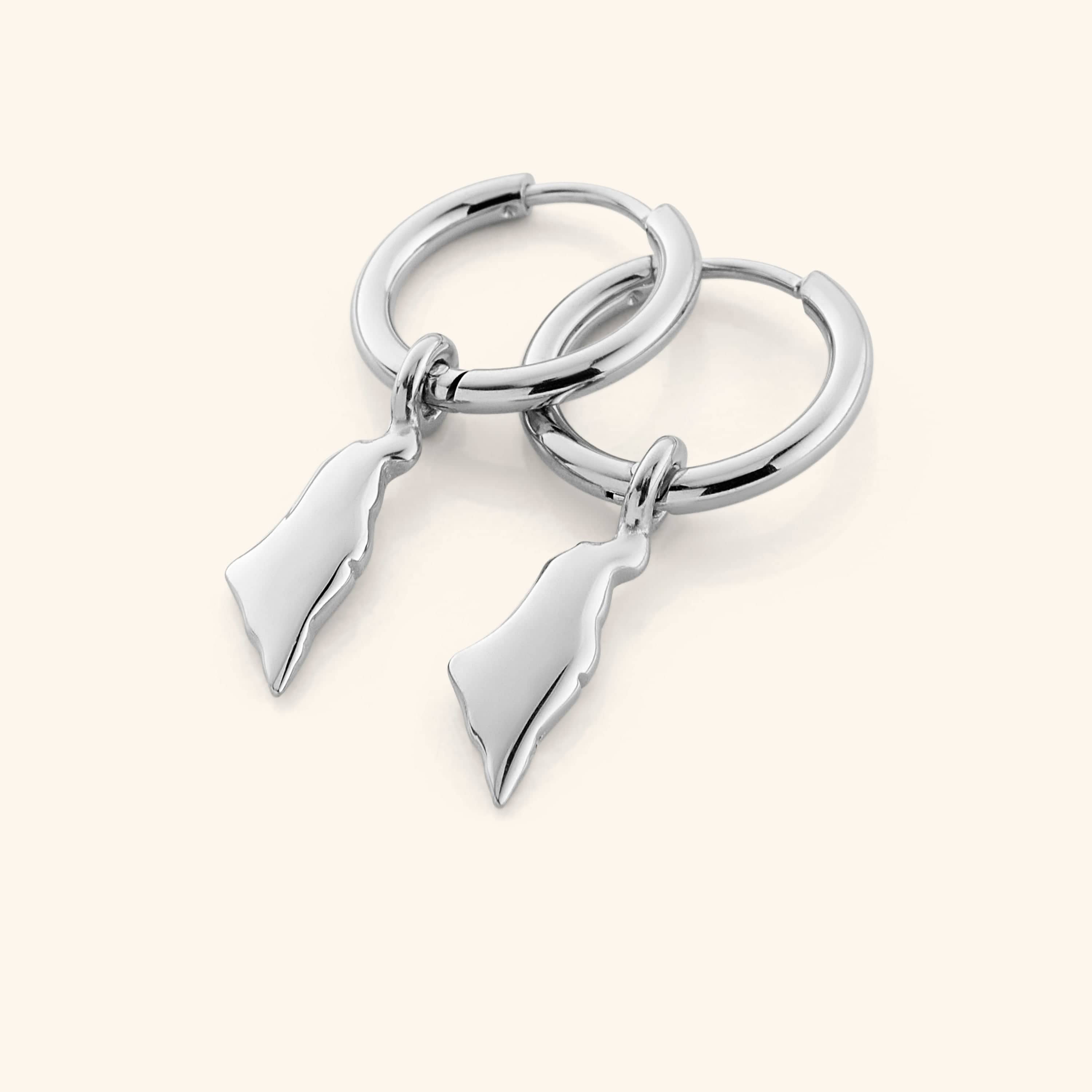 A pair of silver Country Map Hoops - Palestine against a light background.