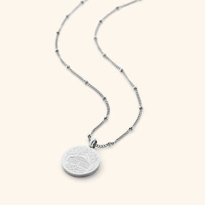 Silver Al-Aqsa ‘Free Palestine’ Necklace with a beaded chain on a white background