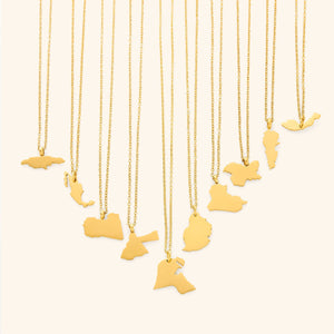 The image shows a collection of delicate gold necklaces hanging vertically against a light beige background. Each necklace features a flat, polished gold pendant shaped like the outline of a different country or region.