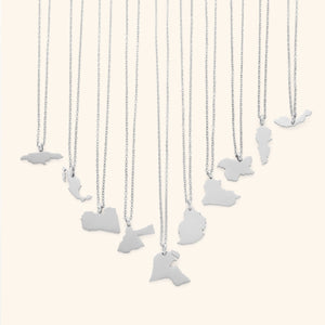 The image shows a collection of delicate silver necklaces hanging vertically against a light beige background. Each necklace features a flat, polished silver pendant shaped like the outline of a different country or region.