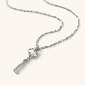 Silver Palestine Key of Return Necklace featuring a textured key-shaped pendant on a twisted chain, shown against a neutral background.