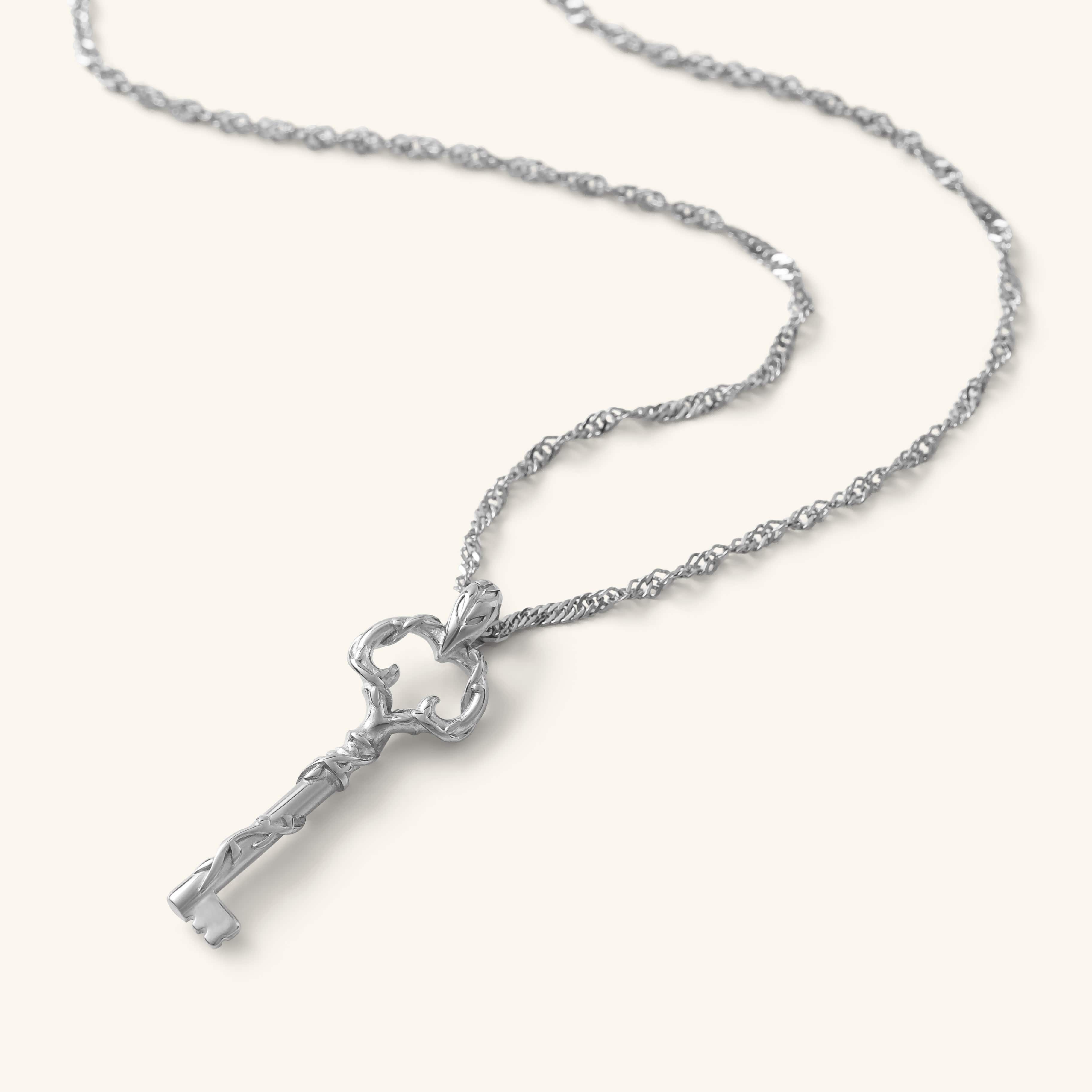 Silver Palestine Key of Return Necklace featuring a textured key-shaped pendant on a twisted chain, shown against a neutral background.