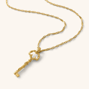 Gold Palestine Key of Return Necklace featuring a textured key-shaped pendant on a twisted chain, shown against a neutral background.