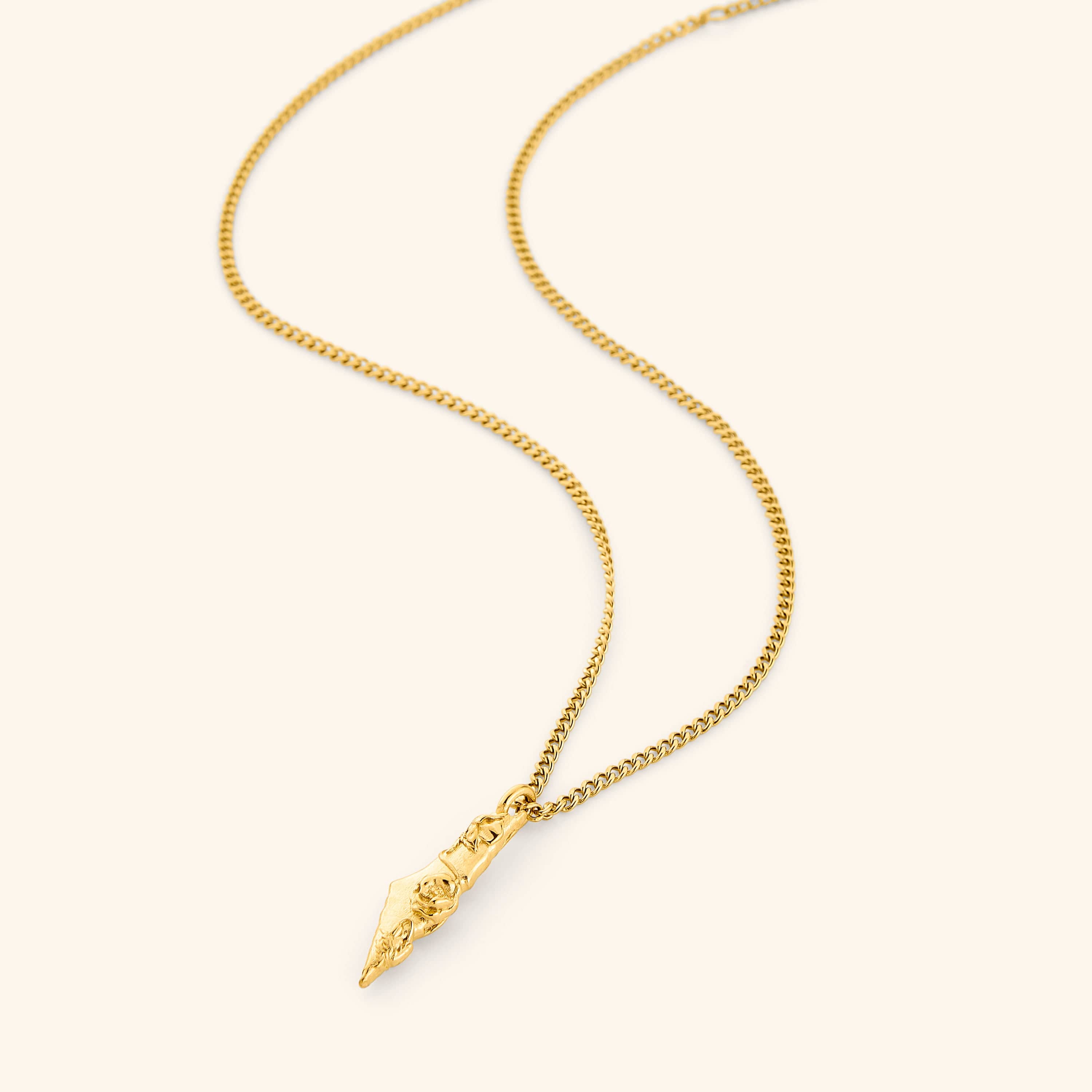 18K gold plated necklace with a  pendant shaped like the map of Palestine, covered with poppies climbing across the surface. 