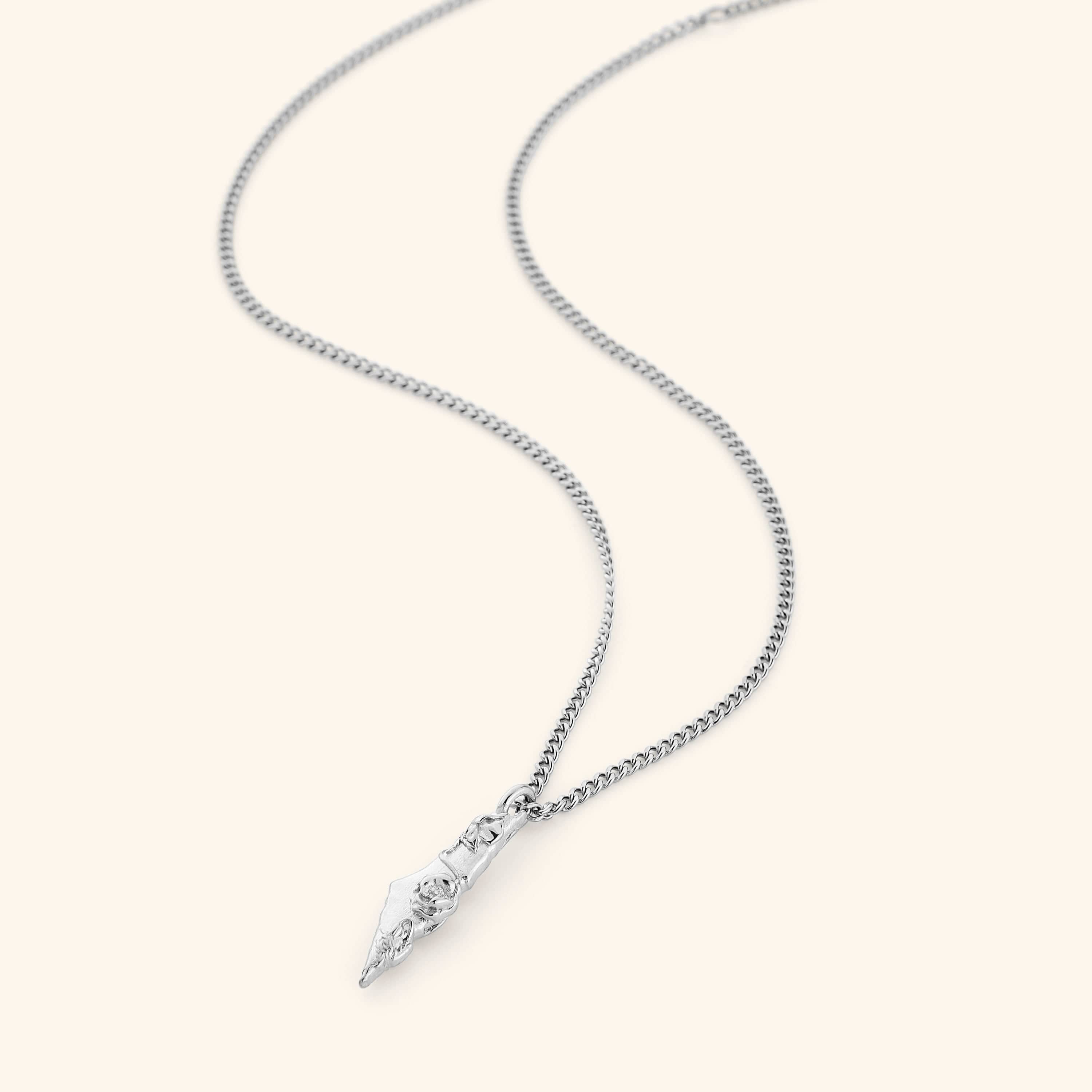 Silver necklace with a  pendant shaped like the map of Palestine, covered with poppies climbing across the surface. 