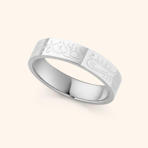 Silver band ring engraved with Arabic calligraphy engraved reading “Alhamdulillah”.