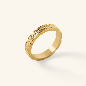 Gold Damascus Tile Ring with repeating engraved tile-style patterns shown against a neutral background.