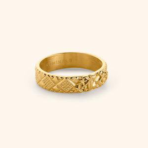 18K gold plated ring featuring patterns found in mosaics of Syria, embossed with Jasmine flower design.