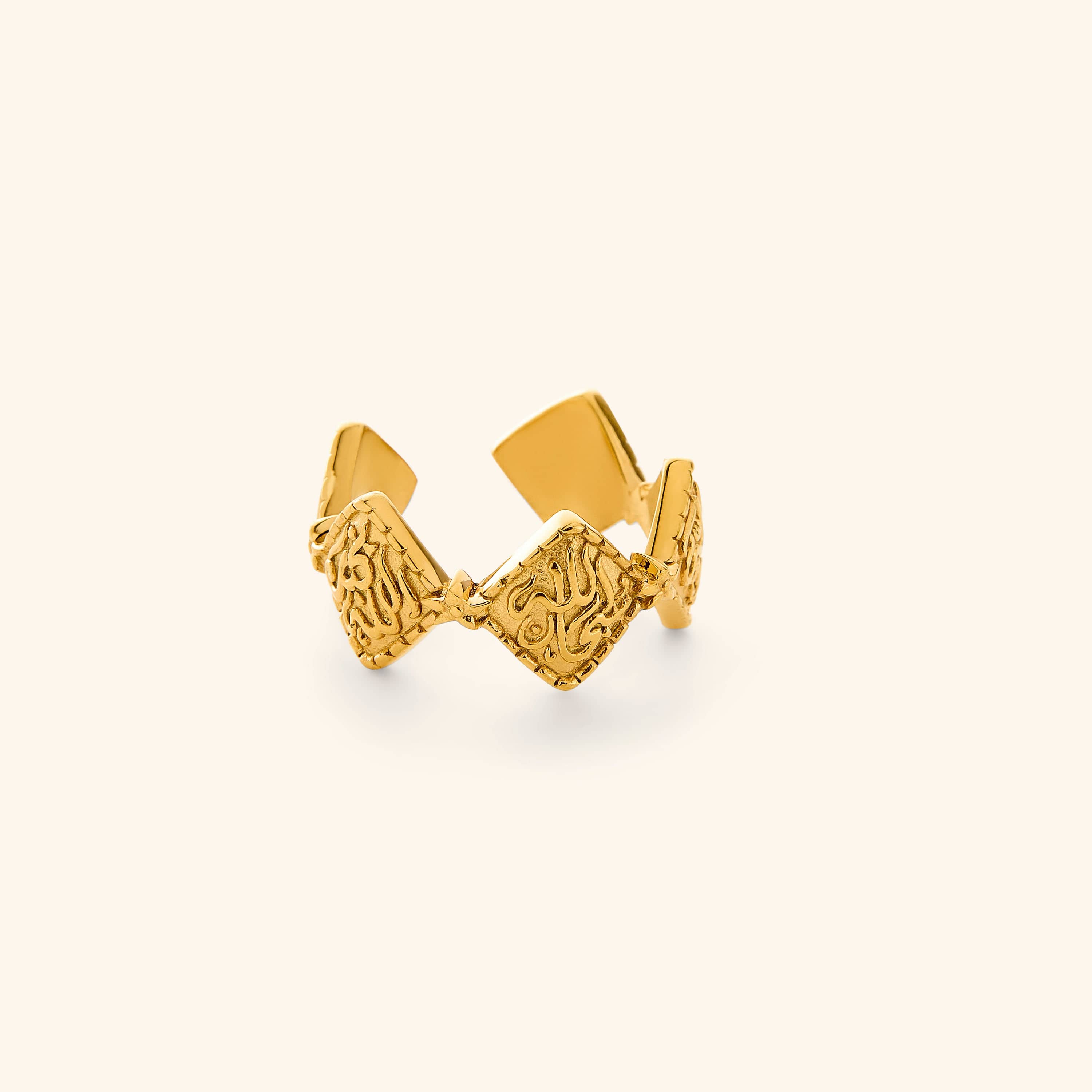 18K gold plated open ring that is designed in a vintage shape of old traditional gold jewelry with each diamond-shaped plate being connected around the band, each inscribed with Dhikr (remembrance of Allah). 