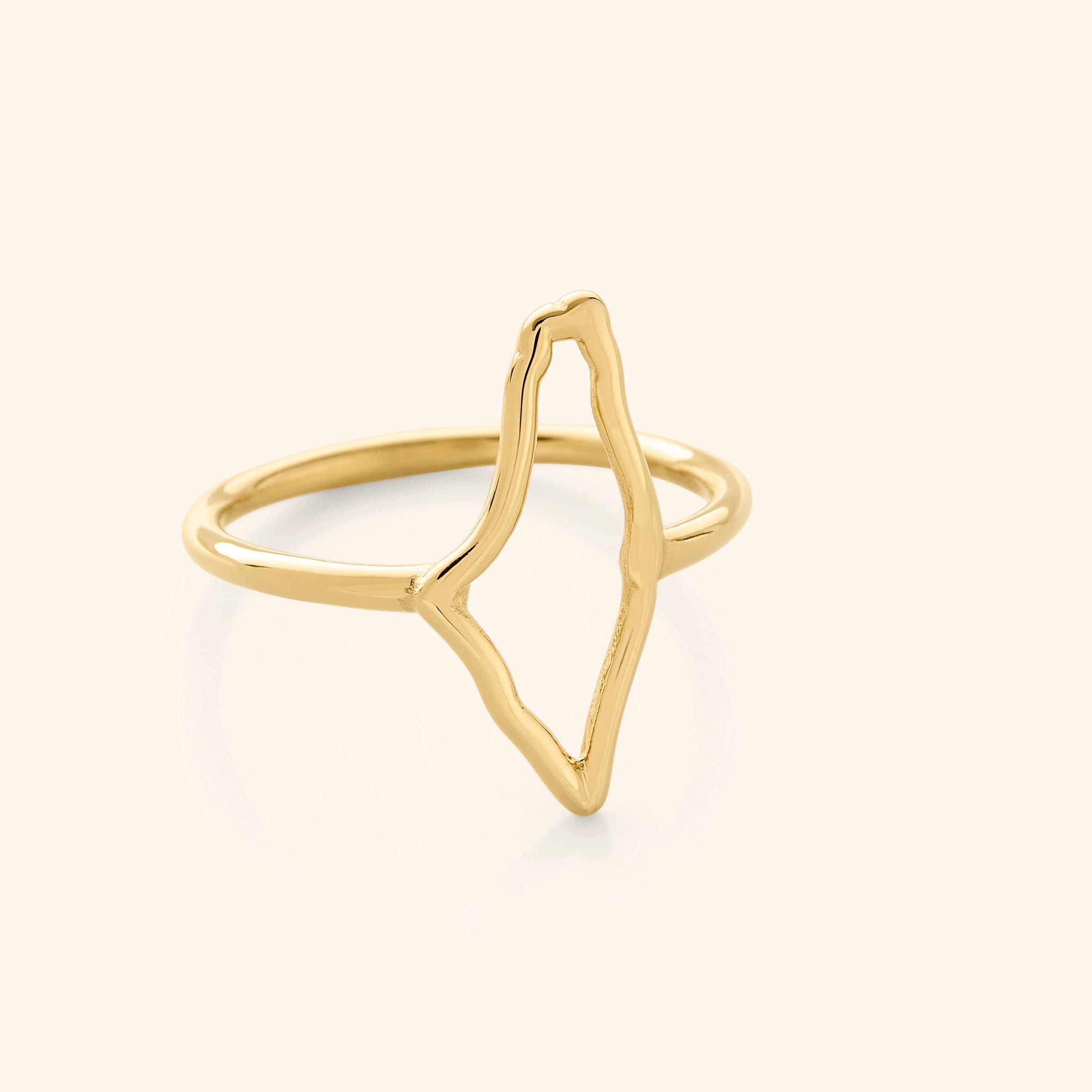 A close-up of the Palestine Ring in 18K gold plating, uniquely shaped to outline the map of Palestine as the top of the ring, creating a bold and meaningful silhouette.