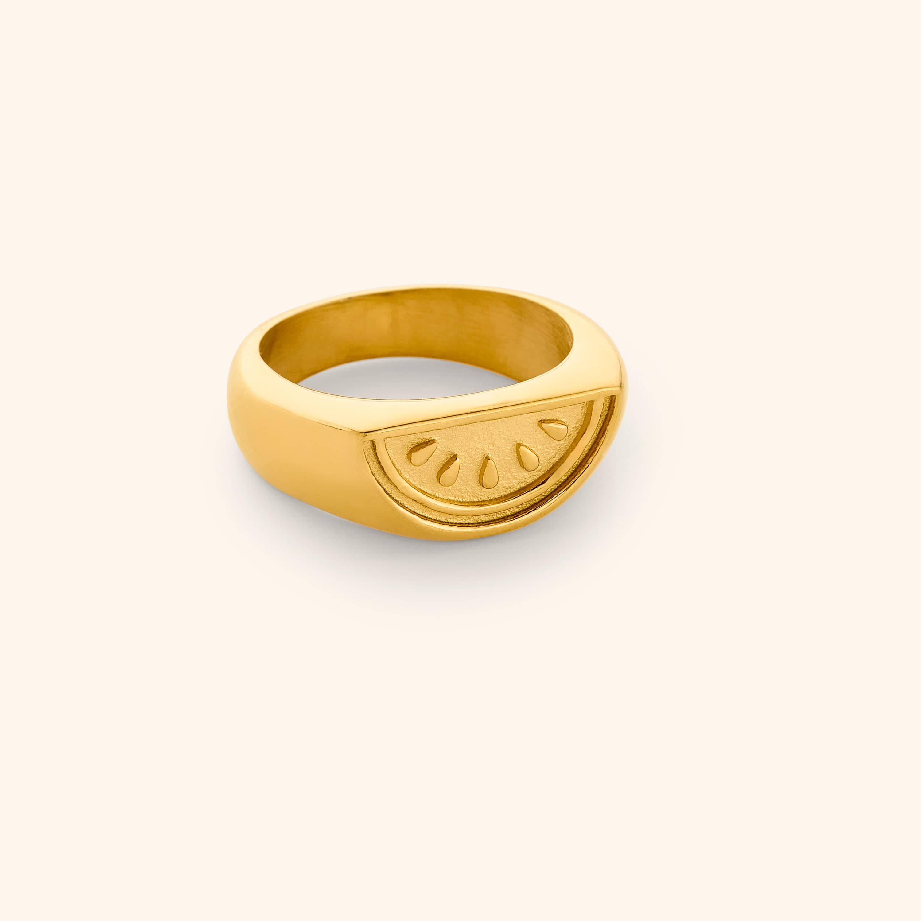 18K gold plated ring featuring a watermelon slice design to the face of this signet ring.
