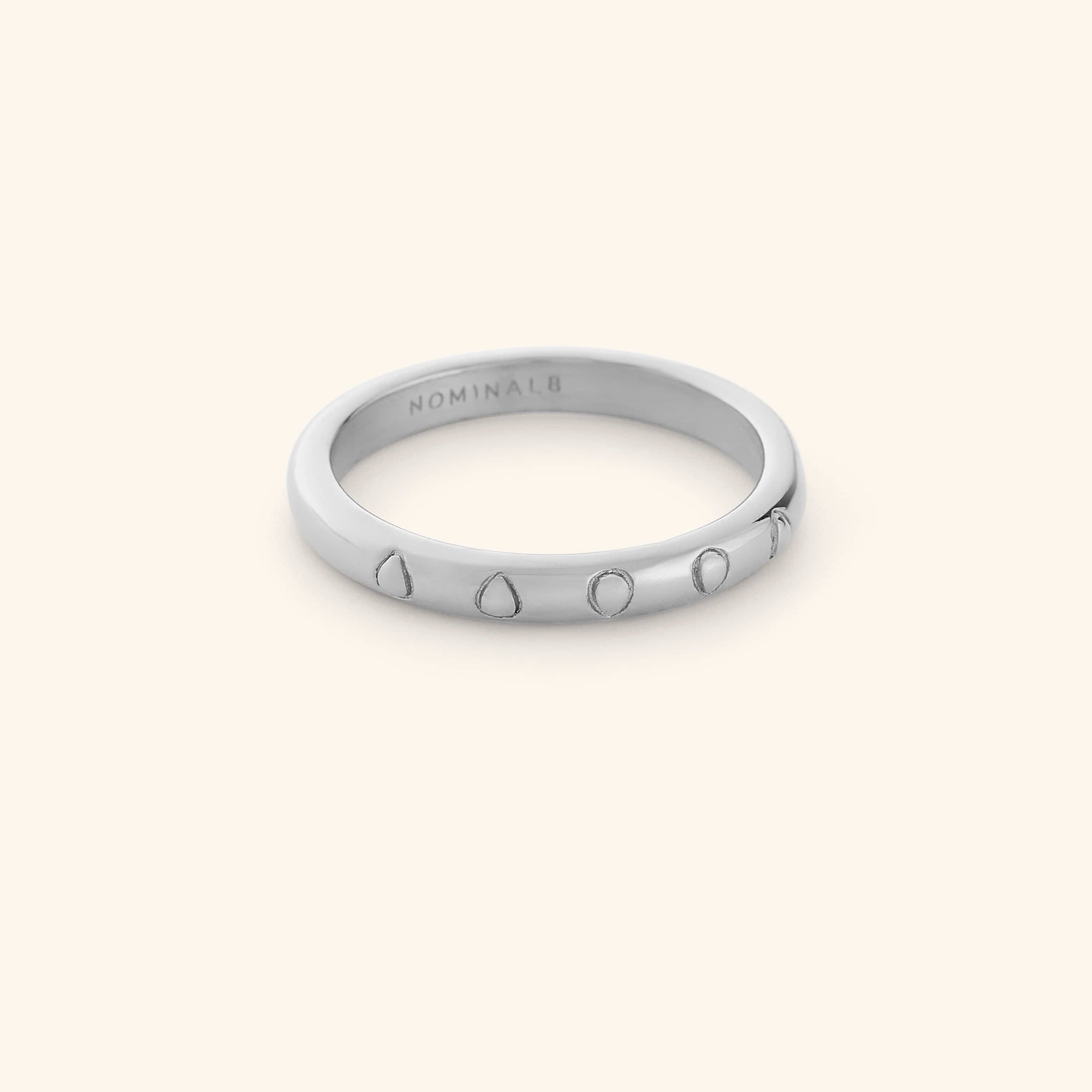 Silver ring featuring carved watermelon seeds along a clean band.