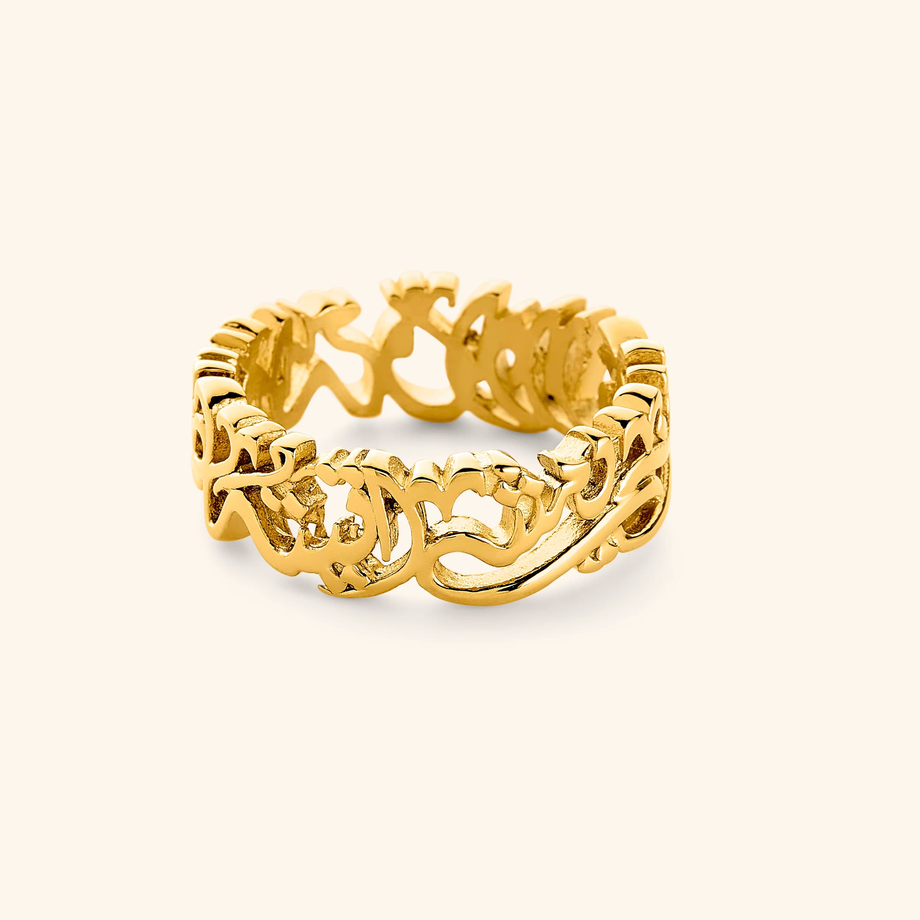 18k gold plated ring with "walk to Me, and I'll run to you" formed from calligraphic Arabic.